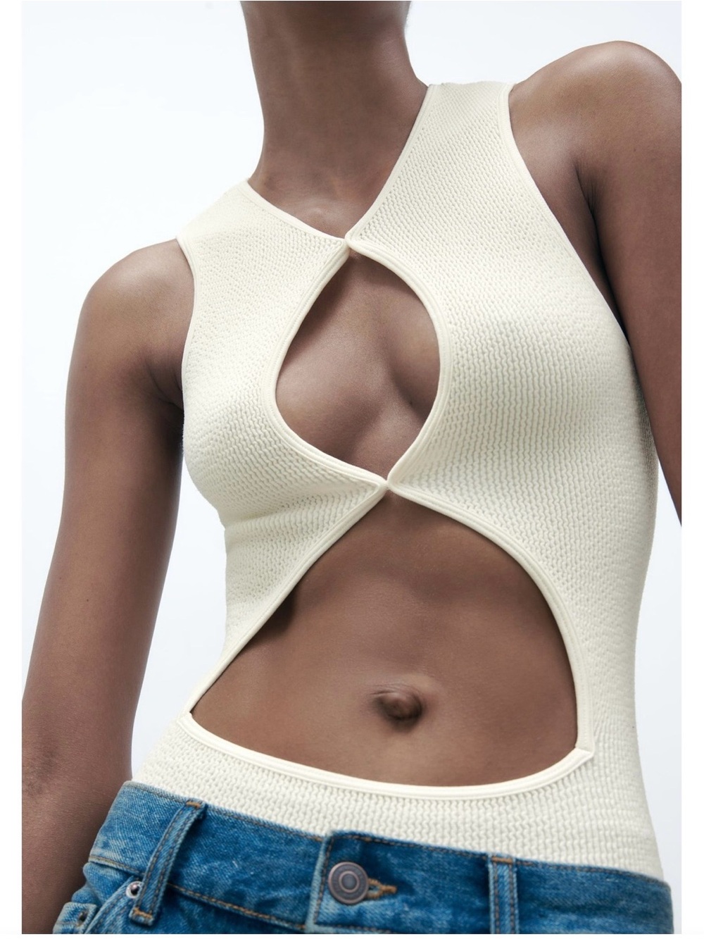 Sleeveless Cutout Ribbed Tank Top - Cream